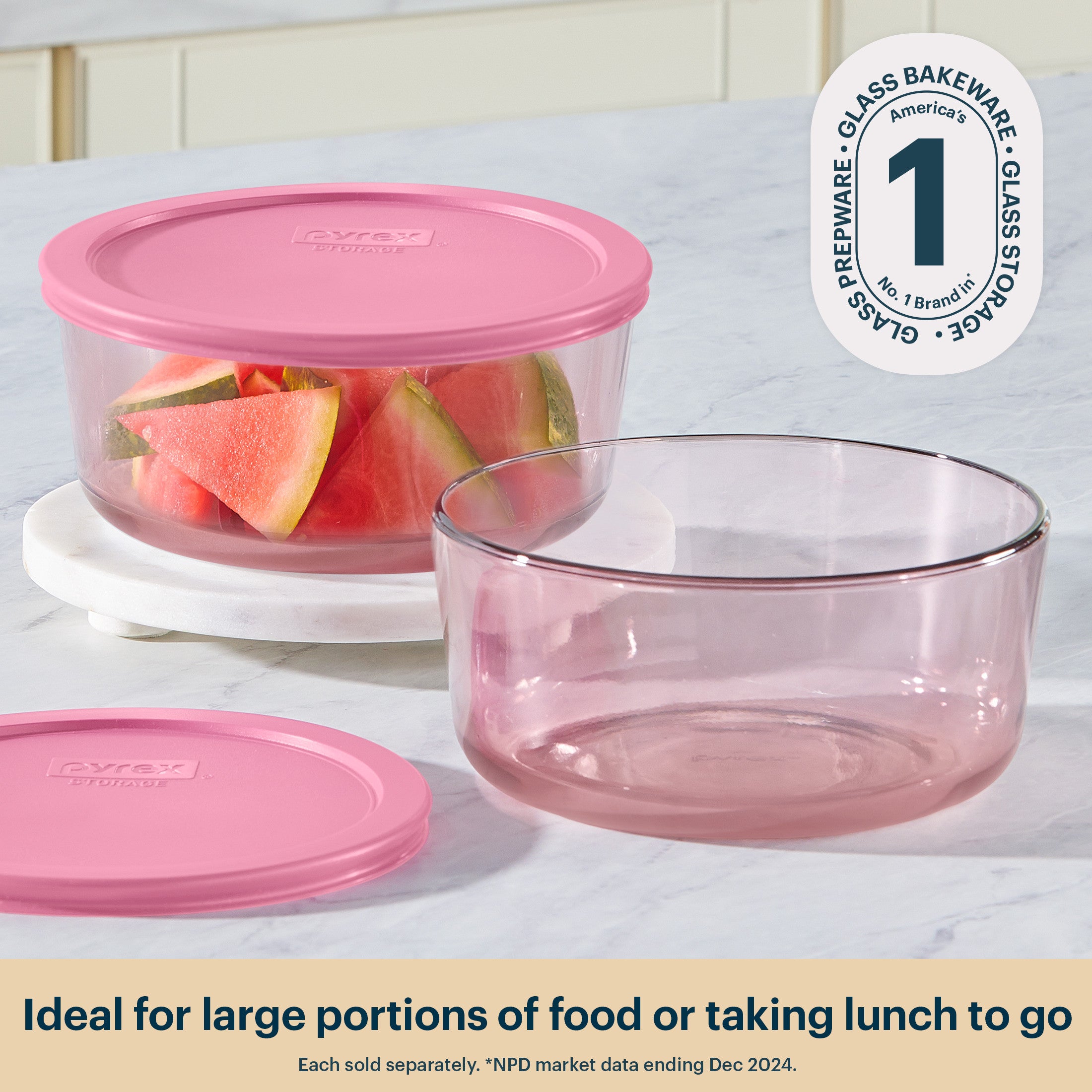 Pyrex® Simply Store® Tinted Glass 7-cup Round Storage Container with Lid, Pink - Image 3